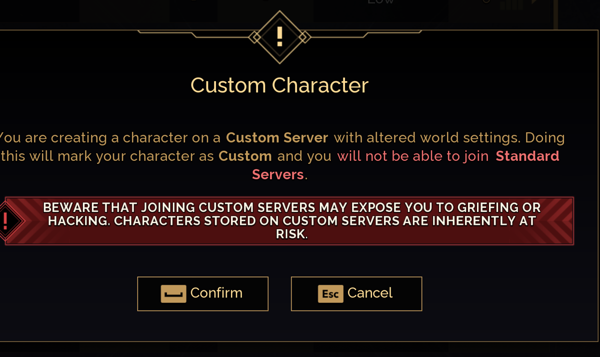 Custom Character warning dialog from Dune: Awakening