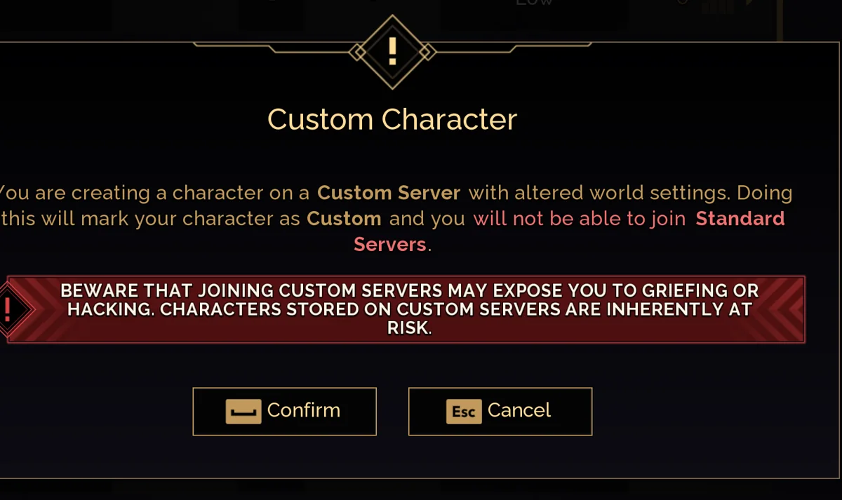 Custom Character warning dialog from Dune: Awakening