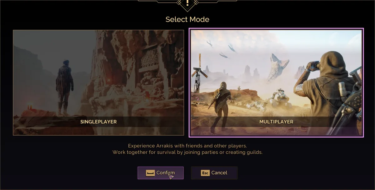 Dune: Awakening Select Mode dialog with Multiplayer selected