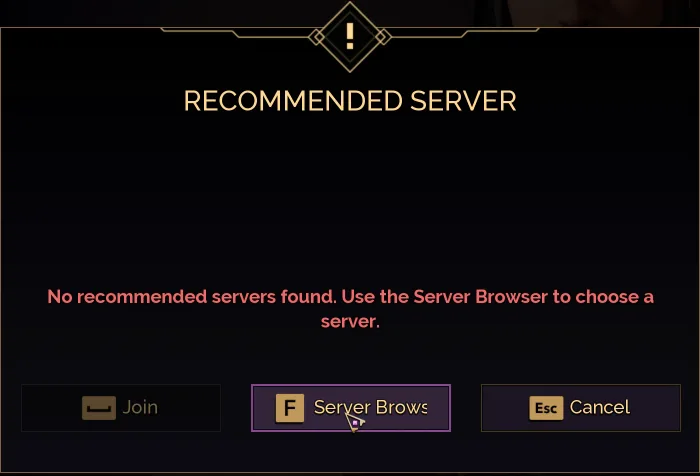 Recommended Server popup with the Server Browser button highlighted