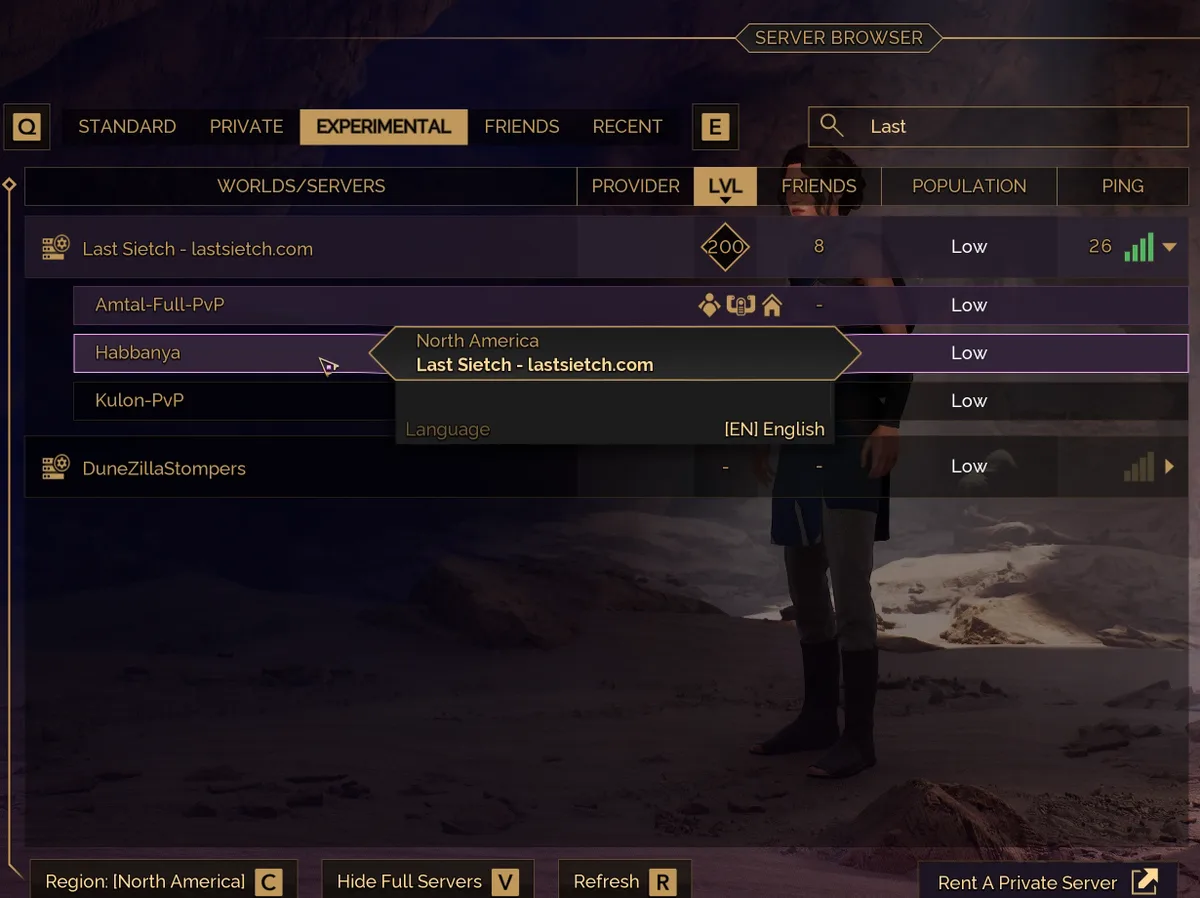 Last Sietch in the Dune: Awakening server browser, Experimental tab, row expanded