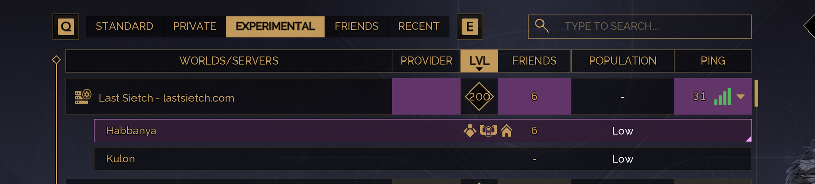 Last Sietch in the Dune: Awakening server browser, Experimental tab, showing the Habbanya and Kulon sietches