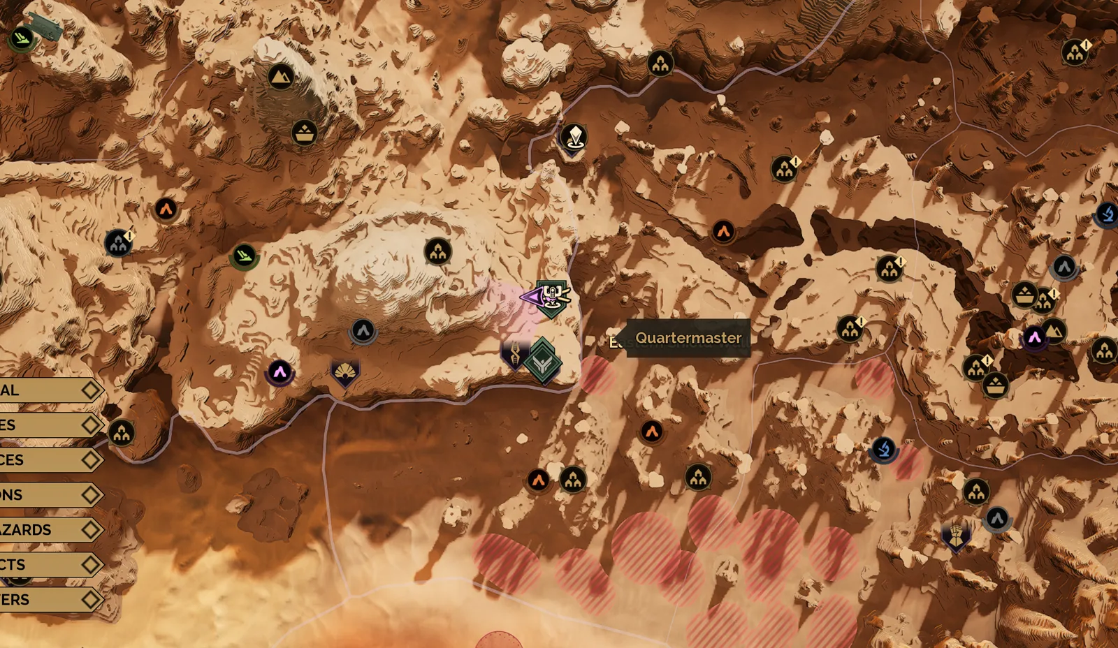 Map of Amtal showing the Helius Gate settlement and its quartermaster marker on the Eastern Shield Wall