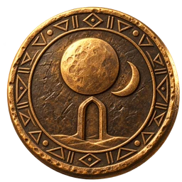 An LS Token: a bronze coin stamped with twin moons over an arch